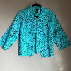 SILKLAND Women's Large Blue Floral Applique Style Open Jacket Colorful Unique